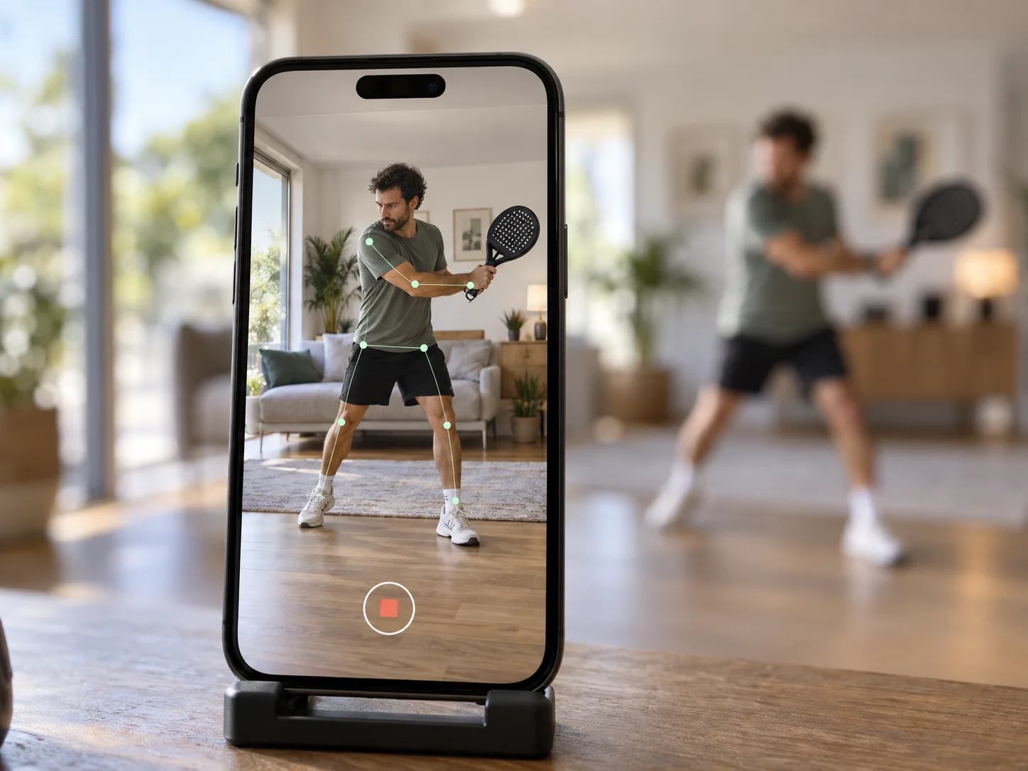 AI-generated image of a smartphone showing a man practising a padel swing at home, with the room blurred behind it